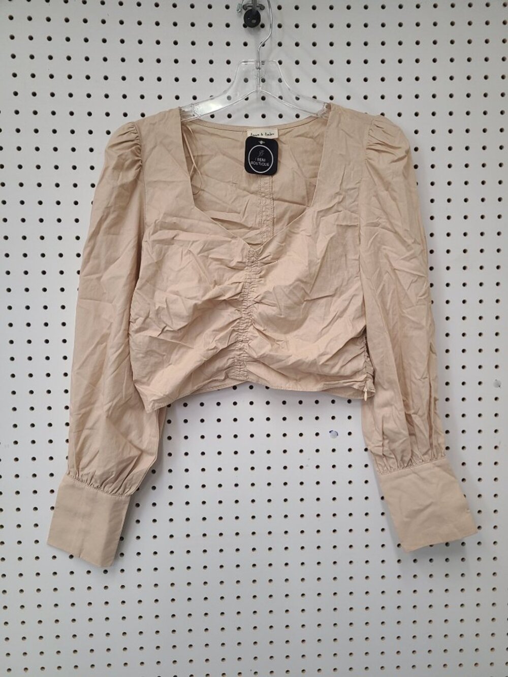 Aaron & Amber Beige Ruched Long Sleeve Cropped Blouse With Button Cuffs Size S